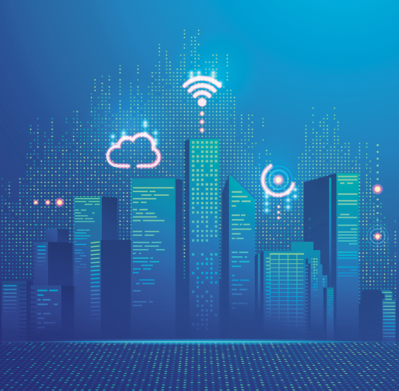 Wolkenkratzer aus Pixeln (Symbolbild vernetzte Stadt)